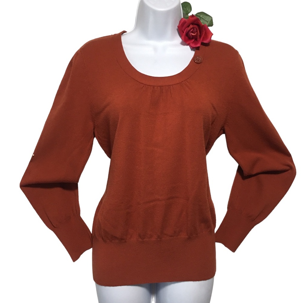 Apt 9 Rust Slightly Gathered Neck sweater button accent Long Sleeve burnt orange